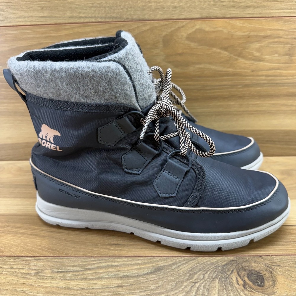 Sorel Explorer Carnival Waterproof Boot Womens 9.5 Charcoal Nylon Gray Felt